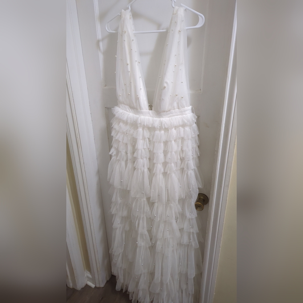 BLITHE LA Midnight Dreams Tiered Tulle Maxi Dress Sz Medium With Pearl Accents
